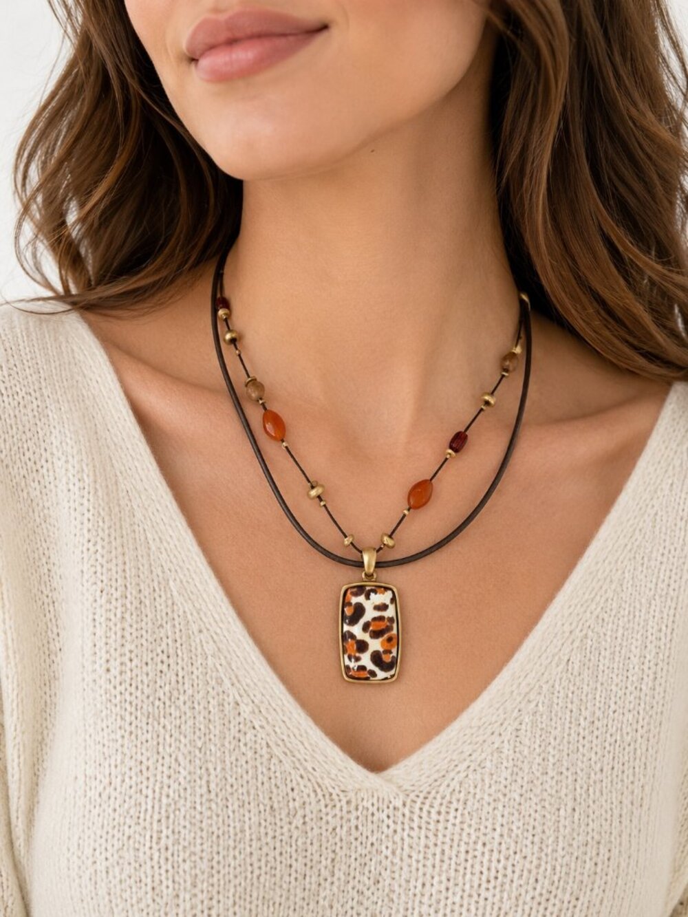 Chico's Leopard Print Pendant Double Strand Beaded Cord Necklace NWT